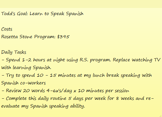 A picture showing my to-do list goal to learn to speak Spanish. 