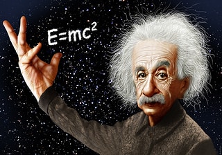 A caricature of Albert Einstein with his most popular formula. 