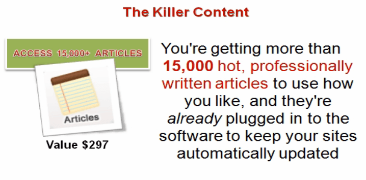A photo from The Killer Content system saying that you'll get 15,000 professionally written articles. 
