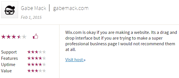 A screenshot of a complaint about Wix.com saying it's not a great tool for creating a business website. 