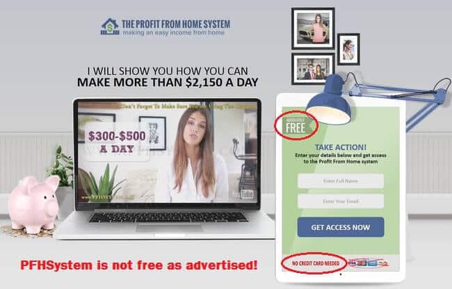 A picture of the Home Profit System homepage saying the product is free when in reality it costs $97.