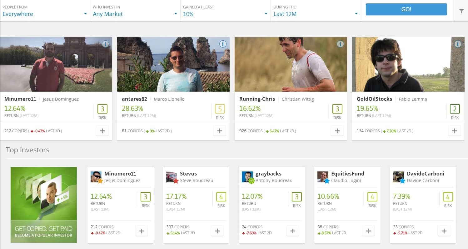 A screenshot from eToro showing investor's porfolios that you can copy. 