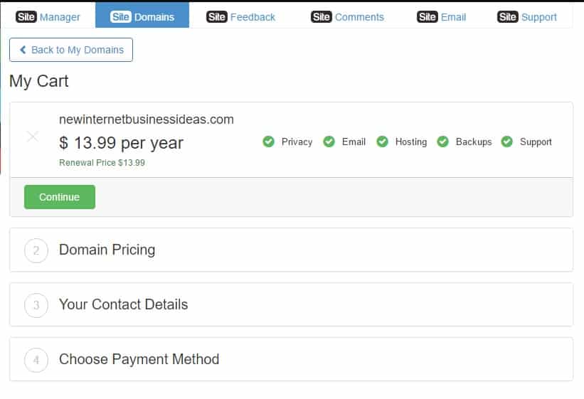 Screenshot showing the features you want plus pricing when you buy a domain name for your website.