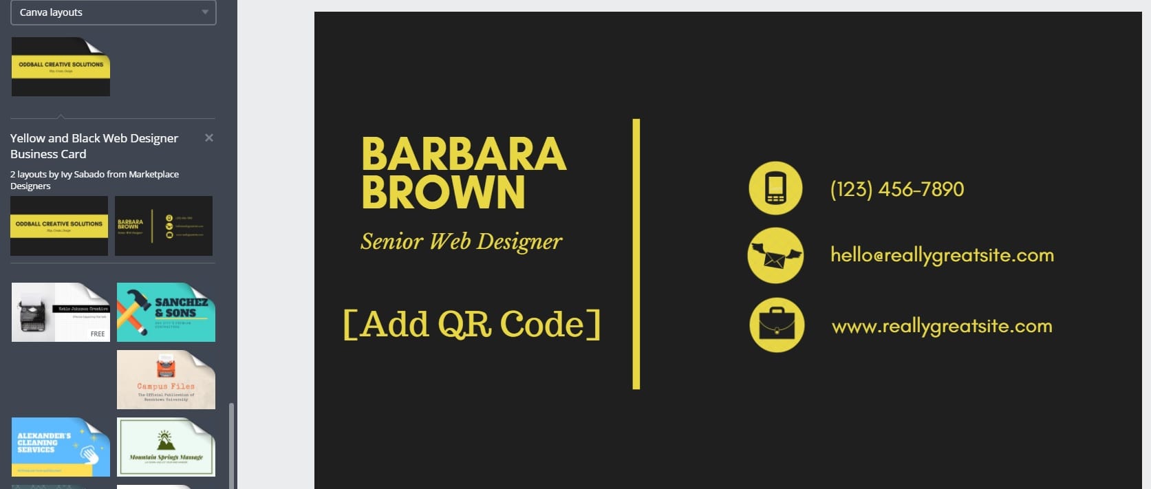 An business card template from the image-editing software Canva. 