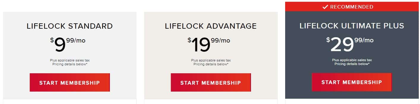 A screenshot showing Lifelock's three main memberships. 